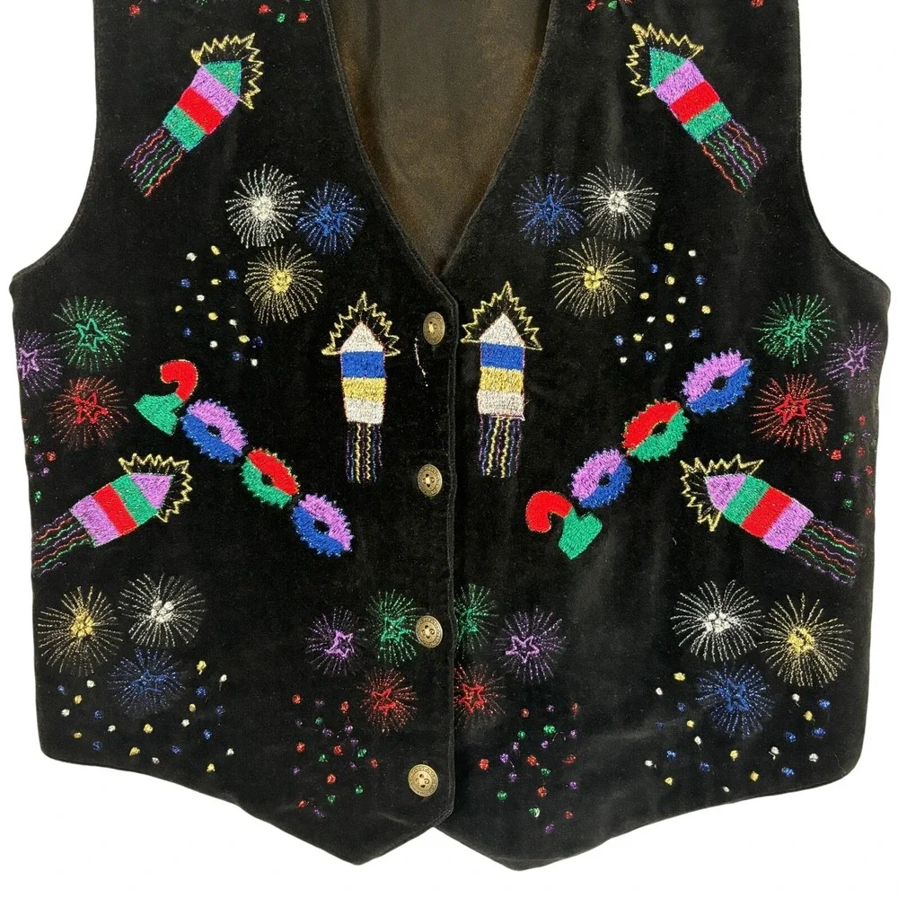 Vintage y2k Vest Black Millennium 2000 Beaded Velvet Retro Festive Women SMALL